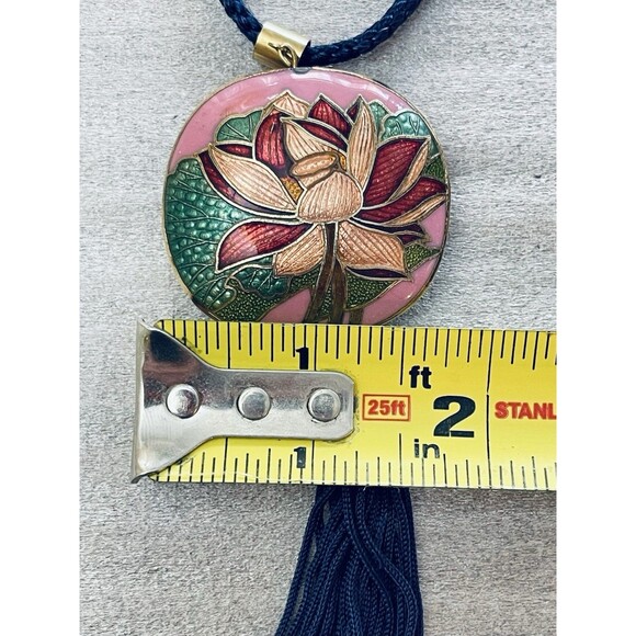 Vintage Cloisonné Pendant Necklace 1.75" w/ Tassel on 30" Navy Cord Boho - Picture 7 of 8